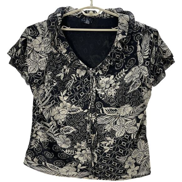 New York City Design Blouse Women Plus 3X Black Beige Floral Short Sleeves - Picture 2 of 7